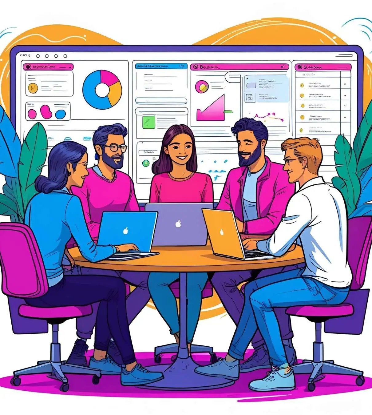 Illustration-style image of a startup team brainstorming with a marketing consultant, with dashboards in the background
