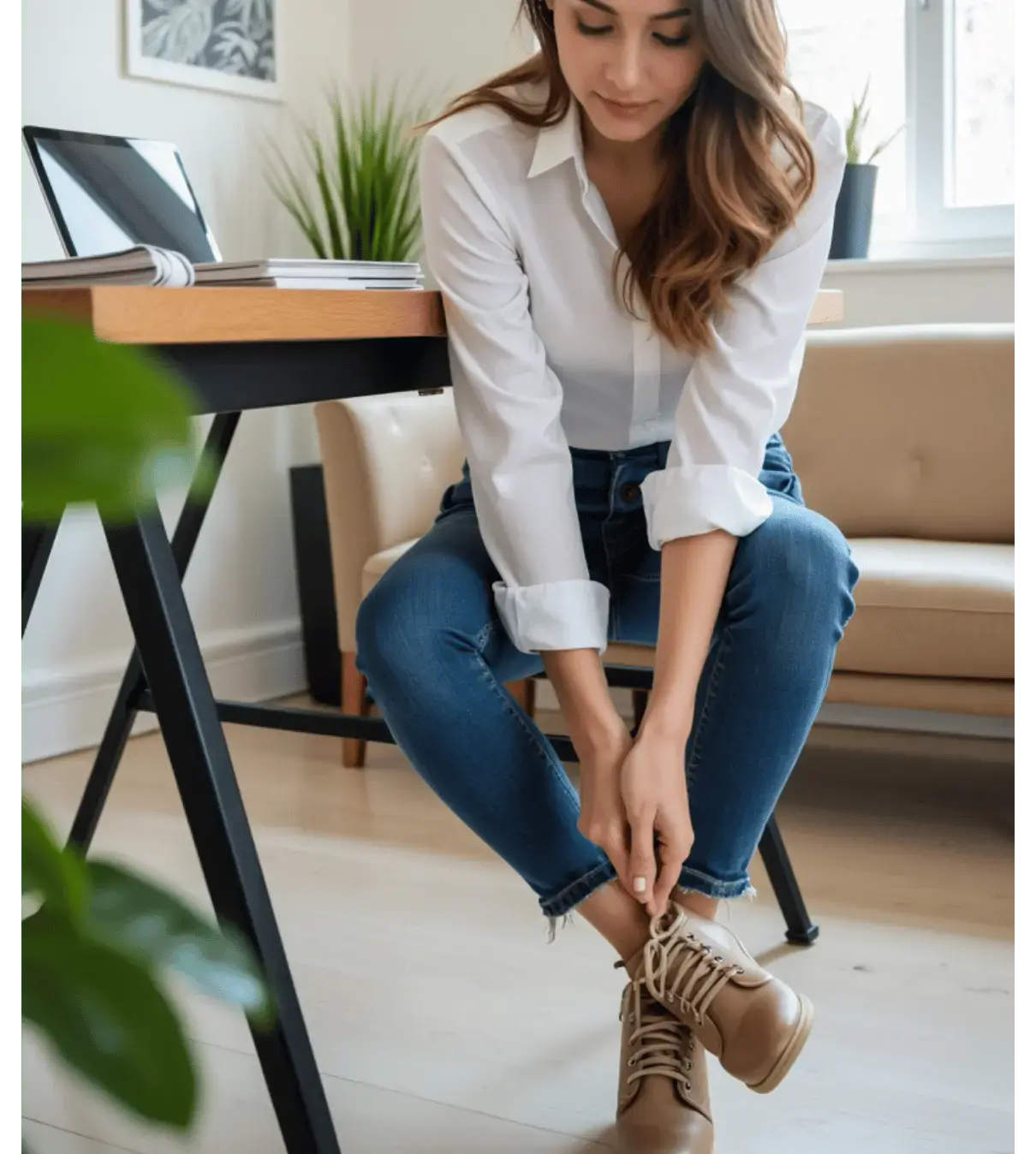 Female startup founder tying her shoe, preparing for growth, with soft smile and calm workspace in background