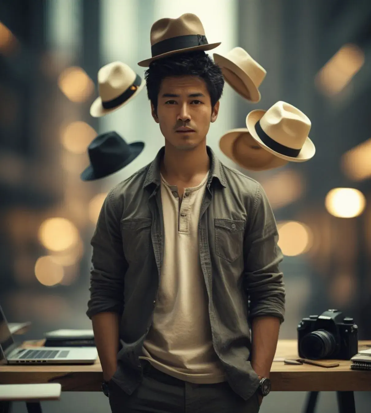 An overwhelmed startup founder with multiple hats flying above his head, standing in front of a desk with a laptop, papers, and a camera
